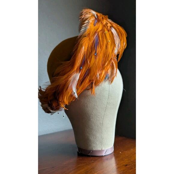 George Zamaul Couture Ladies Orange Felt Hat Feathers Rhinestones Church Formal main image 10